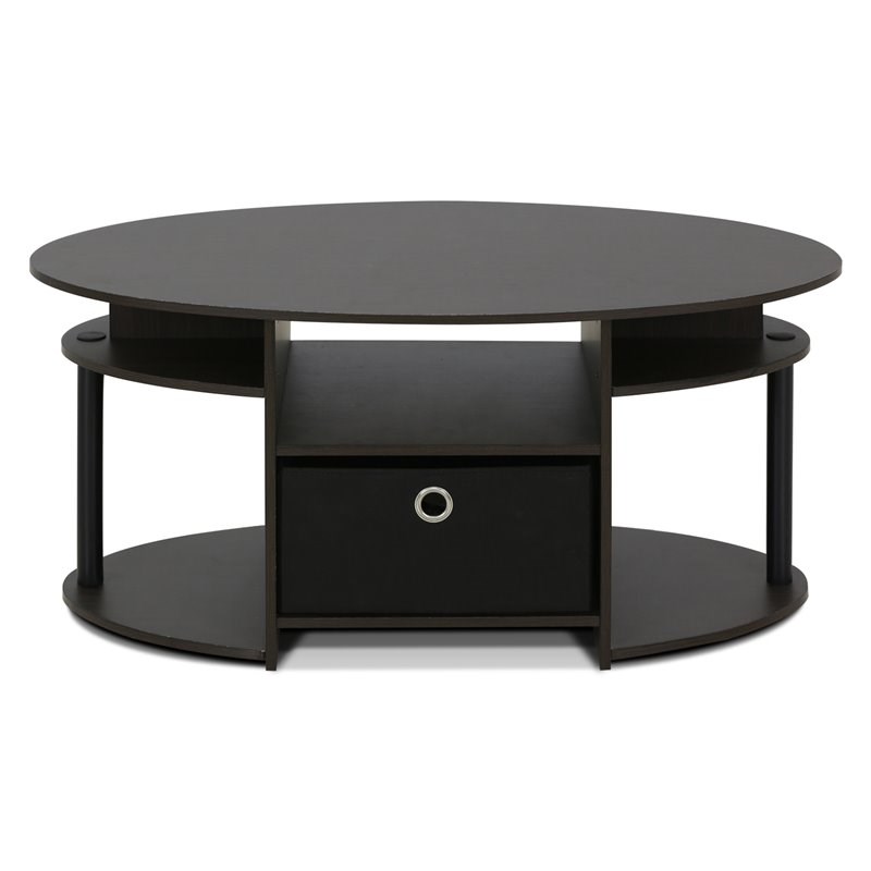 Pemberly Row Wood Simple Design Oval Coffee Table with Bin in Walnut/Black