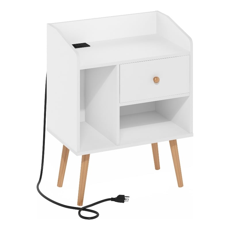 Pemberly Row Mid-Century End Table in Side Table with USB and White