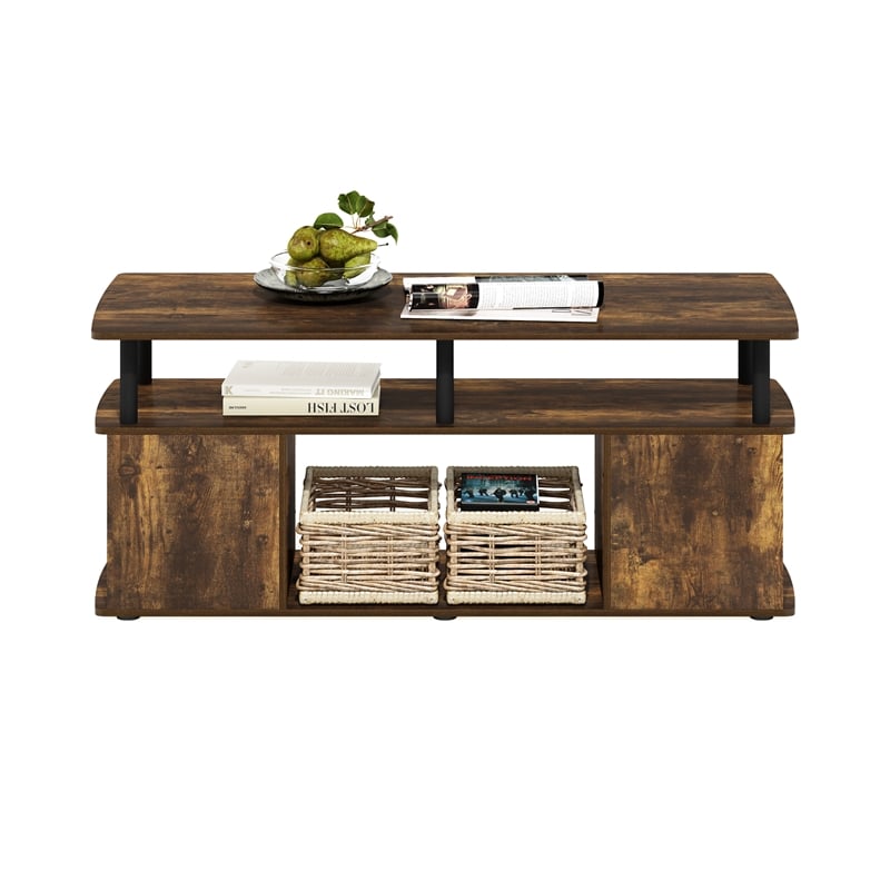 Pemberly Row TV Stand Entertainment Center with Open Storage Amber Pine/Black