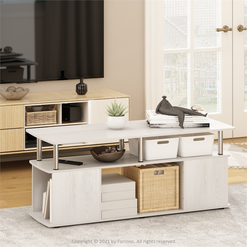 Pemberly Row TV Stand Entertainment Center with Open Stainless Steel Tubes