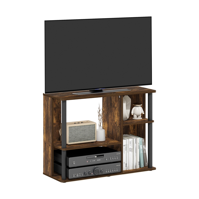 Pemberly Row TV Stand with Plastic Poles for TV up to Amber Pine/Black