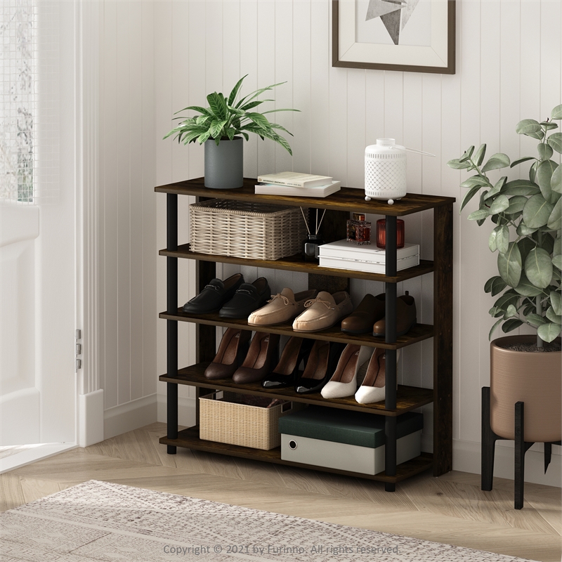 Pemberly Row Turn-N-Tube 5-Tier Wide Shoe Rack in Amber Pine/Black
