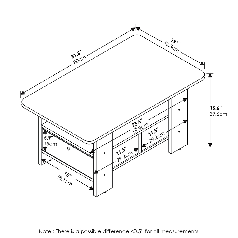 Pemberly Row Contemporary Coffee Table with Bin Drawer in White/Black