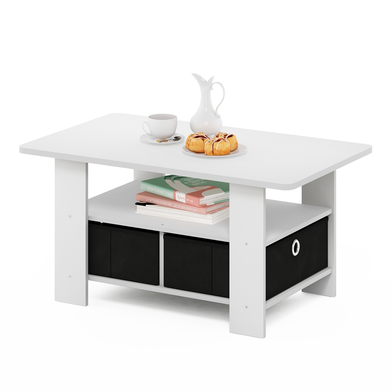 Pemberly Row Contemporary Coffee Table with Bin Drawer in White/Black