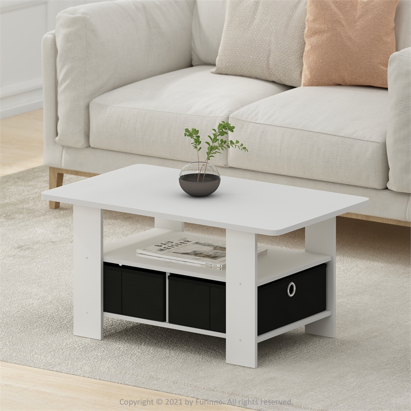Pemberly Row Contemporary Coffee Table with Bin Drawer in White/Black