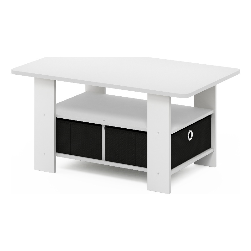 Pemberly Row Contemporary Coffee Table with Bin Drawer in White/Black