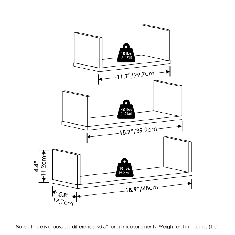Pemberly Row Bedroom Decor Wall Mounted Floating Display Shelves in Set of 3