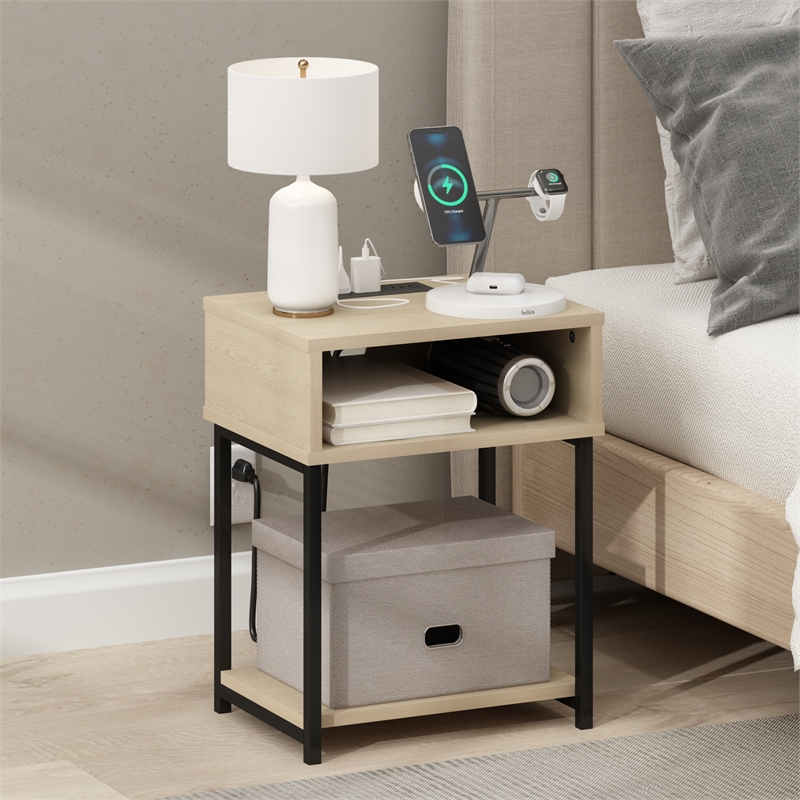 Pemberly Row USB and Type-C Charging Port Open Storage Side Table Bauhaus Oak