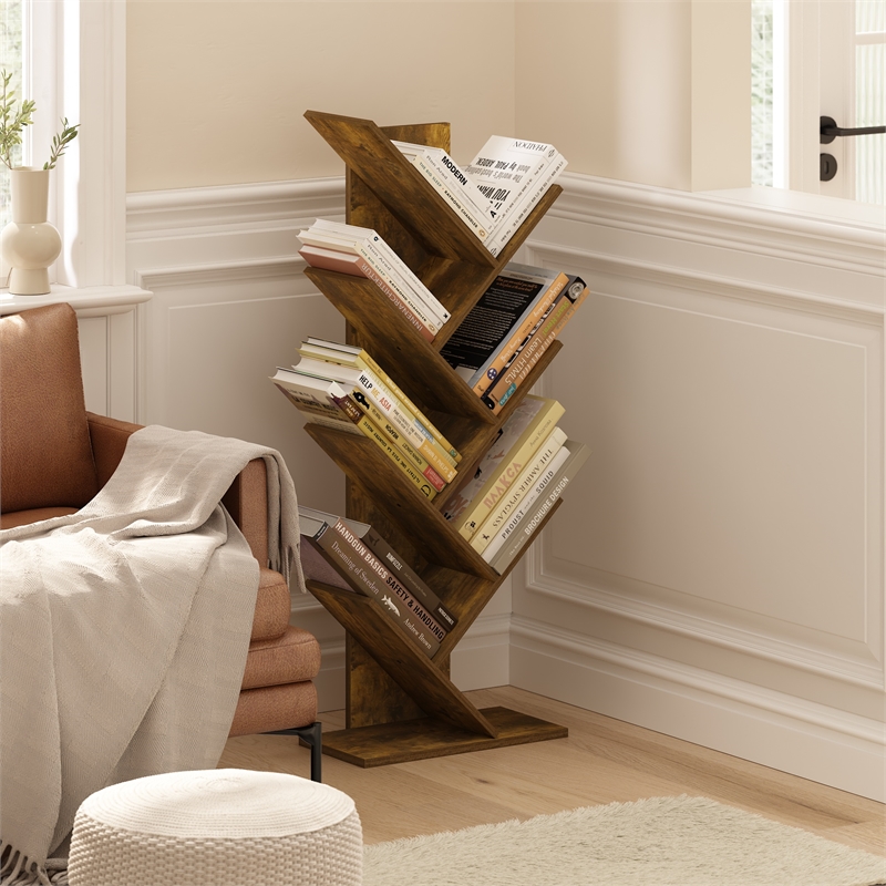 Pemberly Row Bookshelf 7-Tier Floor Standing Bookcase in Amber Pine