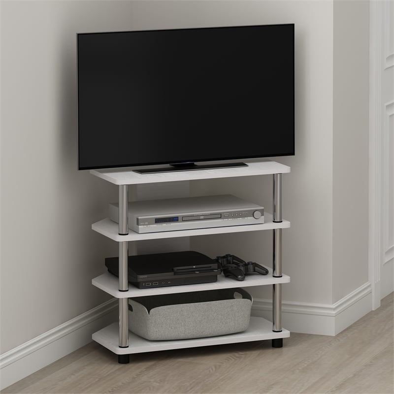 Pemberly Row Easy Assembly 4-Tier Petite TV Stand in White Stainless Steel Tubes