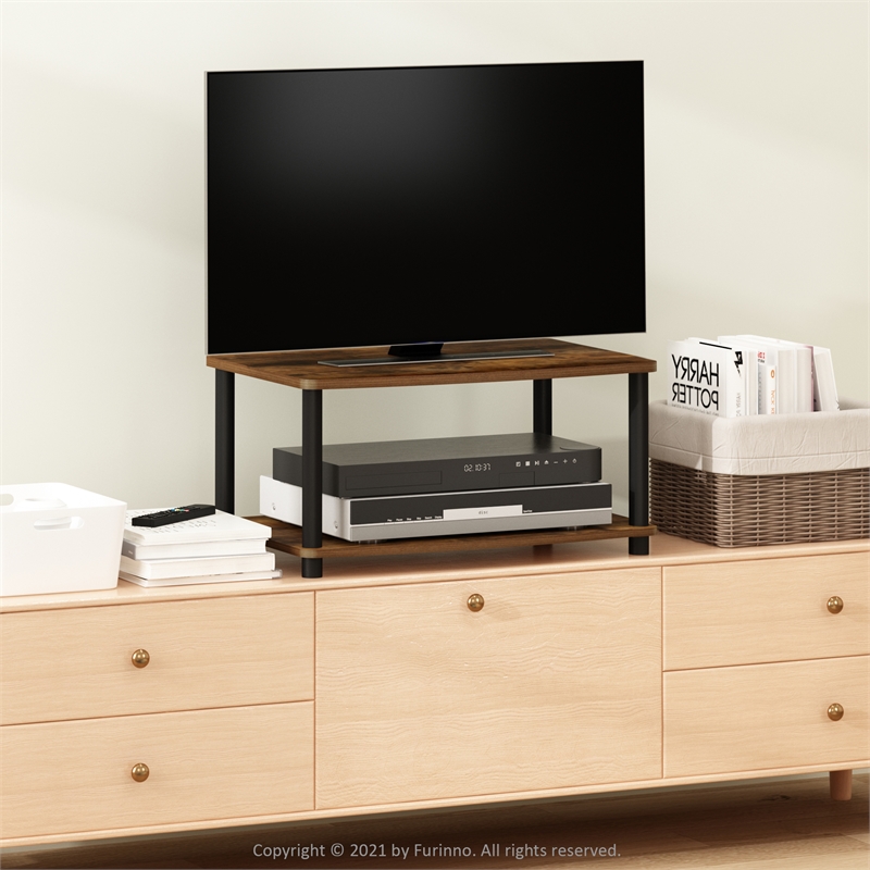 Pemberly Row Turn-N-Tube No Tools 2-Tier Elevated TV Stands in Amber Pine/Black