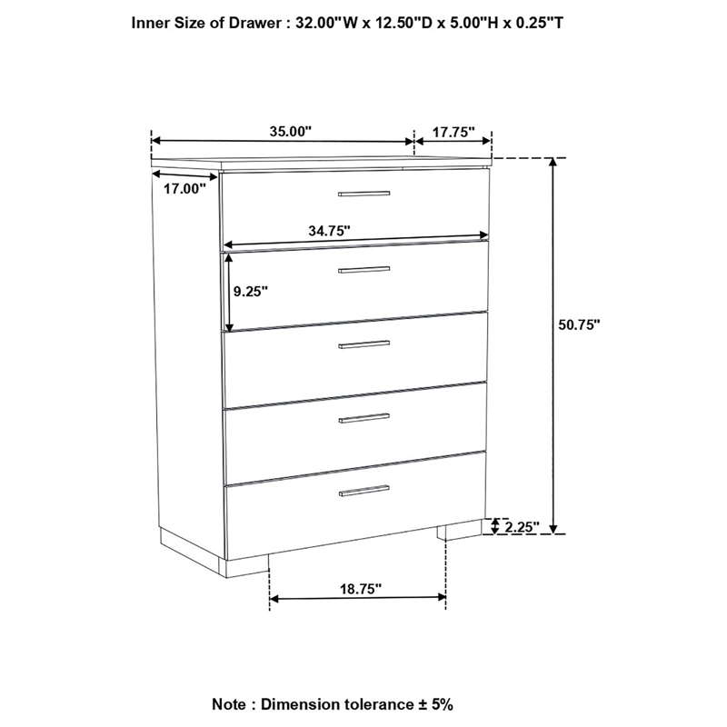 Pemberly Row Set of 2 Wood 2-Drawer Nightstand & 5-Drawer Chest in White