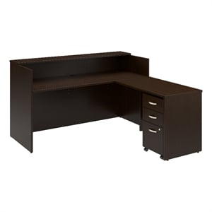 Pemberly Row L-shape Engineered Wood Reception Desk with Drawers in Mocha Cherry
