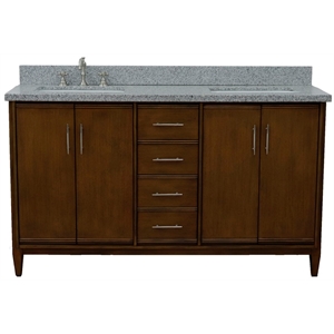 Pemberly Row 61&quot Double Rectangle Sink Vanity in Walnut/Gray Granite Stone