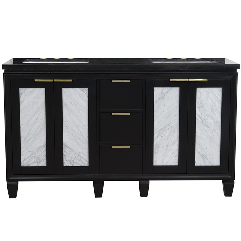 Pemberly Row Double Rectangle Sink Solid Wood Vanity in Blue/Black Galaxy