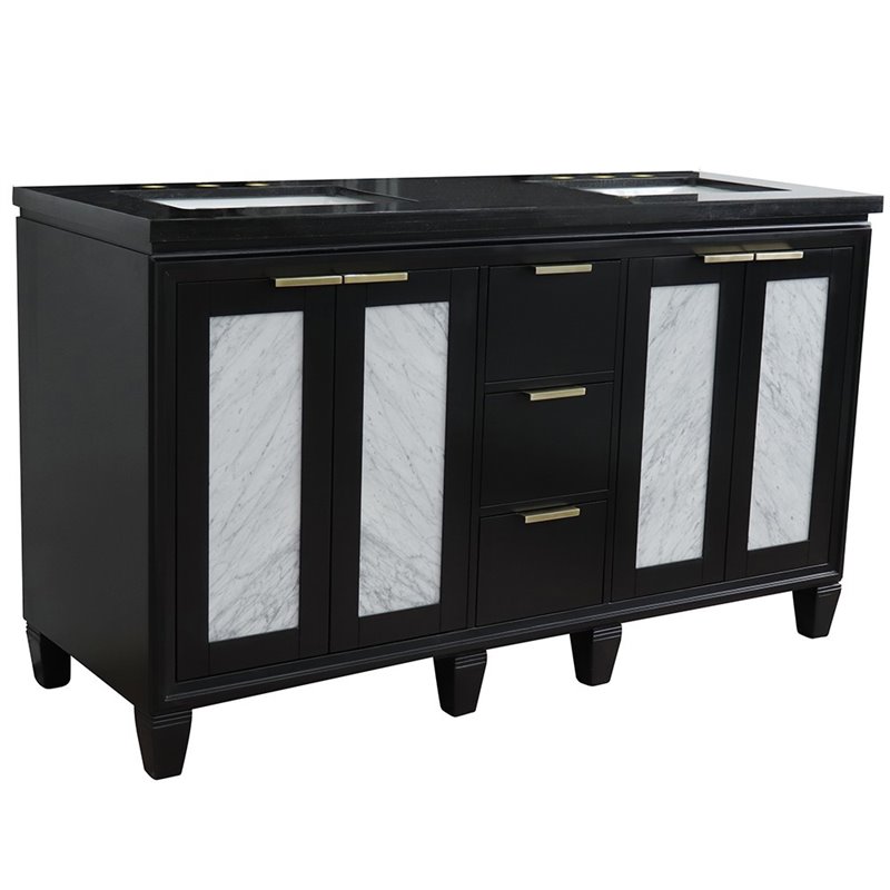 Pemberly Row Double Rectangle Sink Solid Wood Vanity in Blue/Black Galaxy