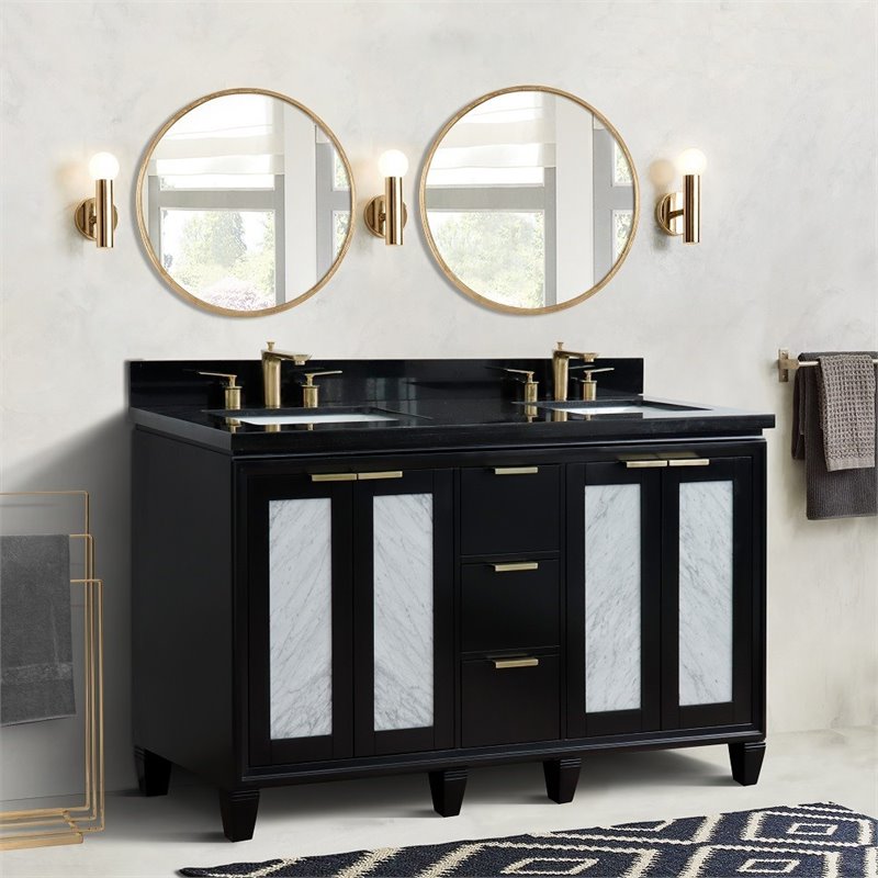Pemberly Row Double Rectangle Sink Solid Wood Vanity in Blue/Black Galaxy