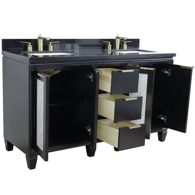 Pemberly Row Double Rectangle Sink Solid Wood Vanity in Blue/Black Galaxy