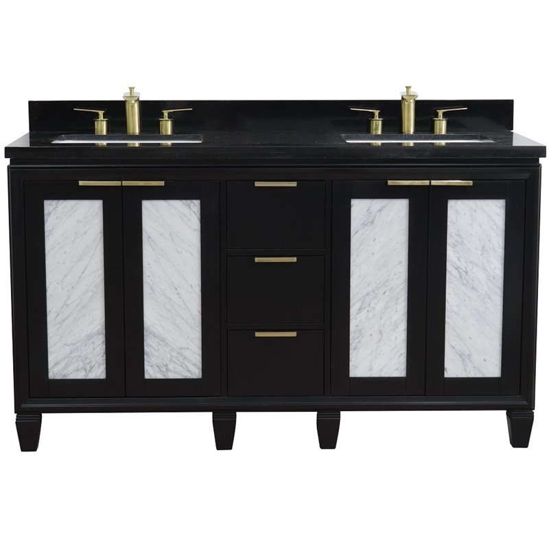 Pemberly Row Double Rectangle Sink Solid Wood Vanity in Blue/Black Galaxy