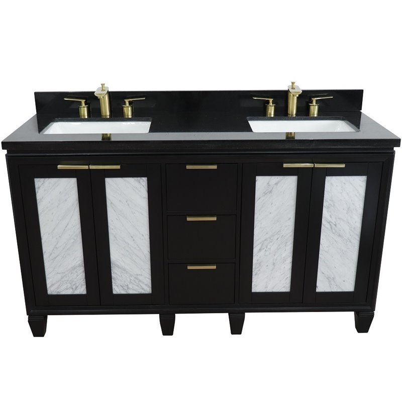 Pemberly Row Double Rectangle Sink Solid Wood Vanity in Blue/Black Galaxy