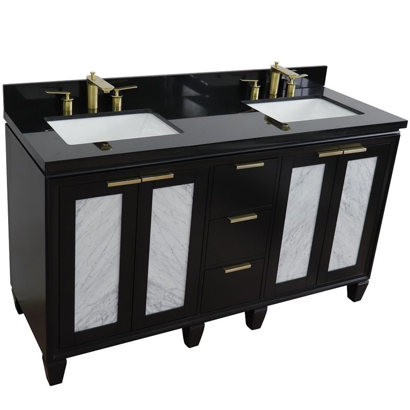 Pemberly Row Double Rectangle Sink Solid Wood Vanity in Blue/Black Galaxy