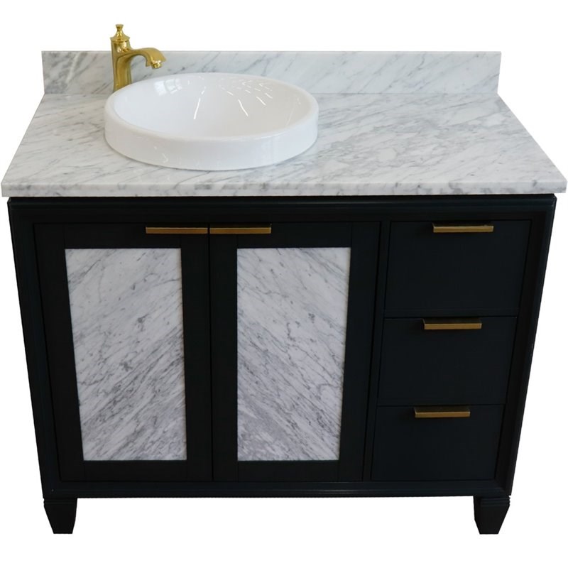Pemberly Row Solid Wood Vanity with Left Round Sink in Gray/White Carrara