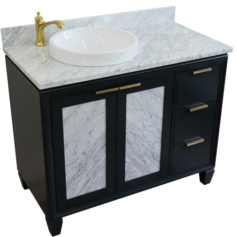 Pemberly Row Solid Wood Vanity with Left Round Sink in Gray/White Carrara