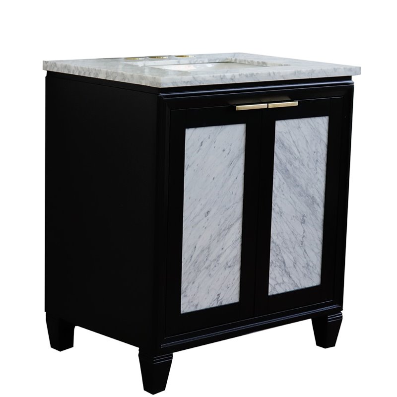 Pemberly Row Single Rectangle Sink Solid Wood Vanity in Blue/White Carrara