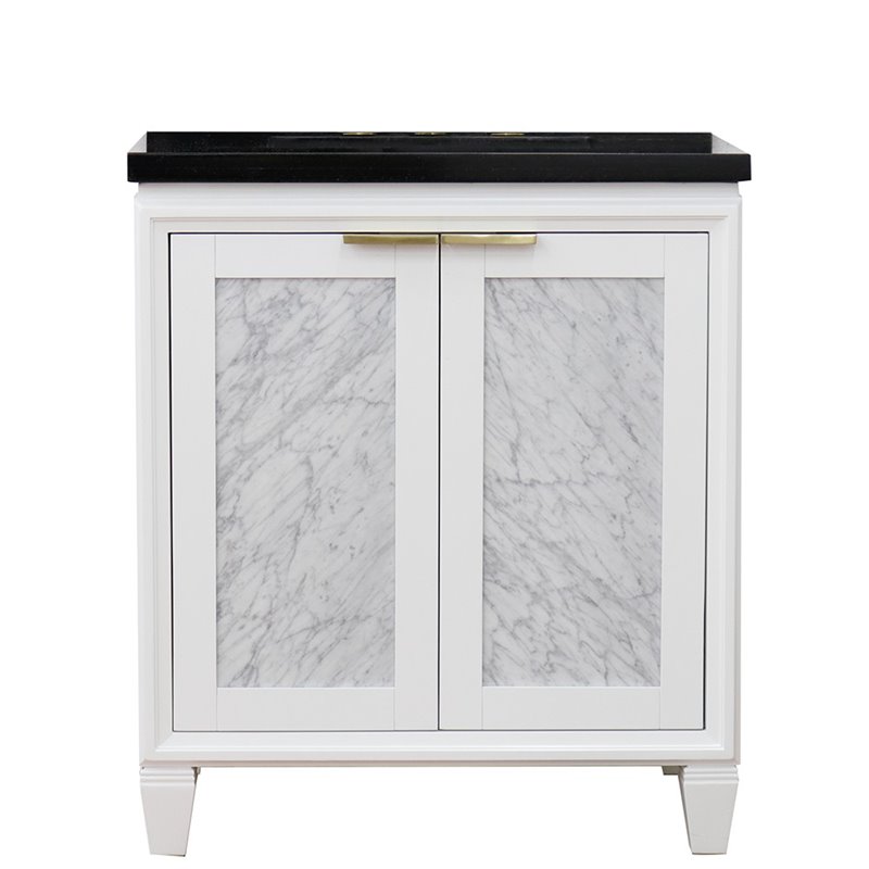 Pemberly Row Single Rectangle Sink Solid Wood Vanity in White/Black Galaxy