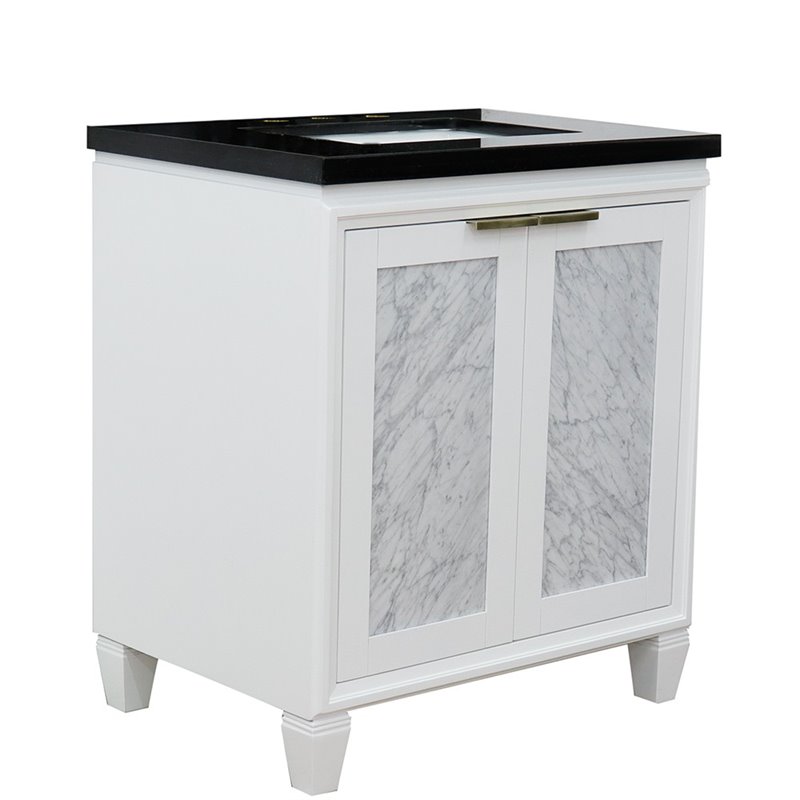 Pemberly Row Single Rectangle Sink Solid Wood Vanity in White/Black Galaxy