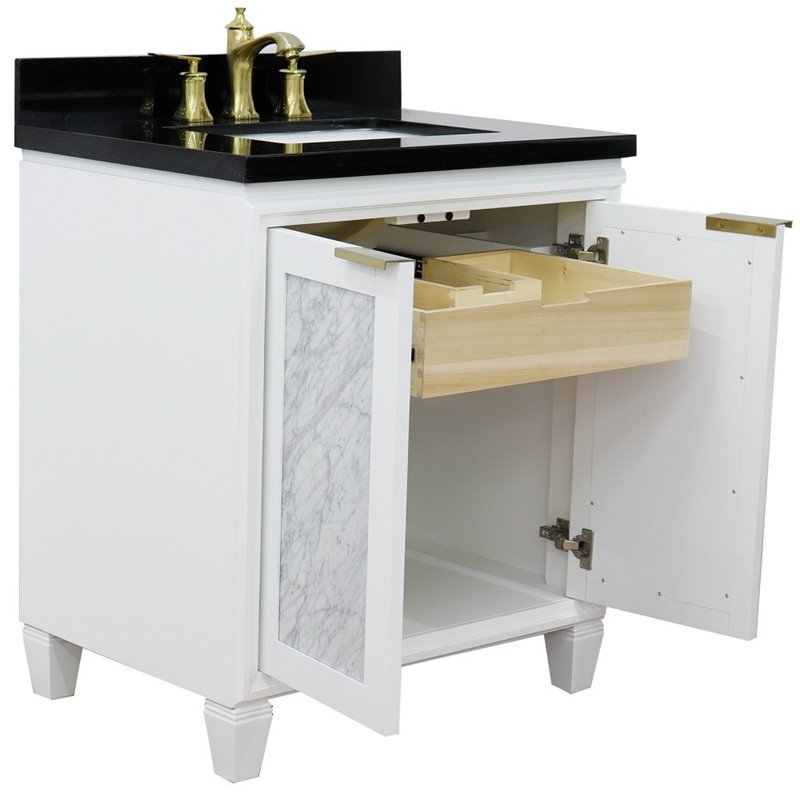 Pemberly Row Single Rectangle Sink Solid Wood Vanity in White/Black Galaxy