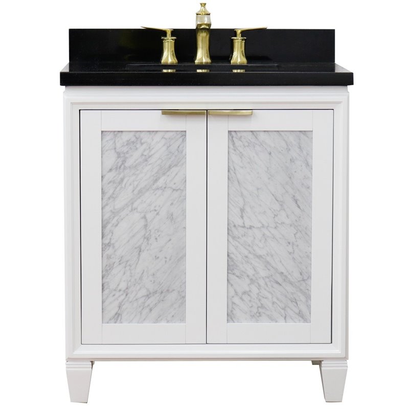 Pemberly Row Single Rectangle Sink Solid Wood Vanity in White/Black Galaxy