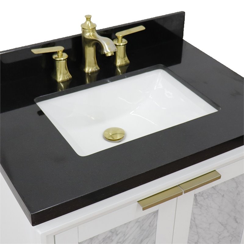 Pemberly Row Single Rectangle Sink Solid Wood Vanity in White/Black Galaxy