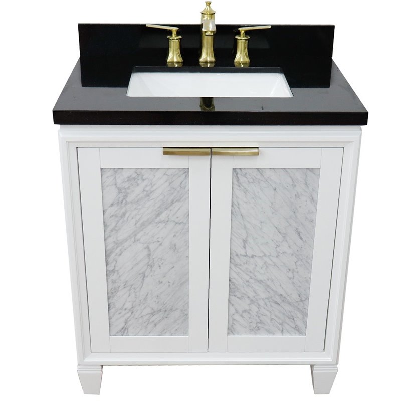 Pemberly Row Single Rectangle Sink Solid Wood Vanity in White/Black Galaxy