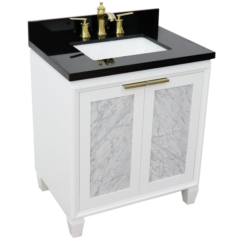 Pemberly Row Single Rectangle Sink Solid Wood Vanity in White/Black Galaxy