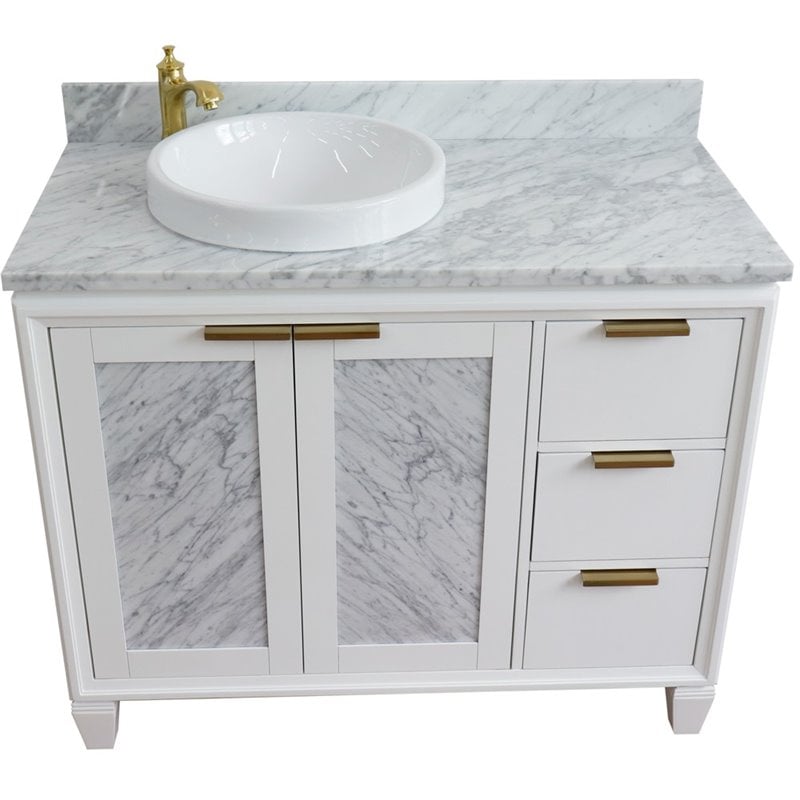 Pemberly Row Solid Wood Vanity with Left Round Sink in White/White Carrara