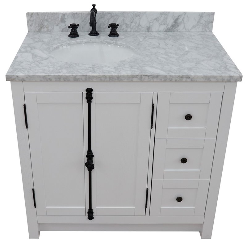 Pemberly Row  Solid Wood Vanity with Left Oval Sink in White/Glacier Ash