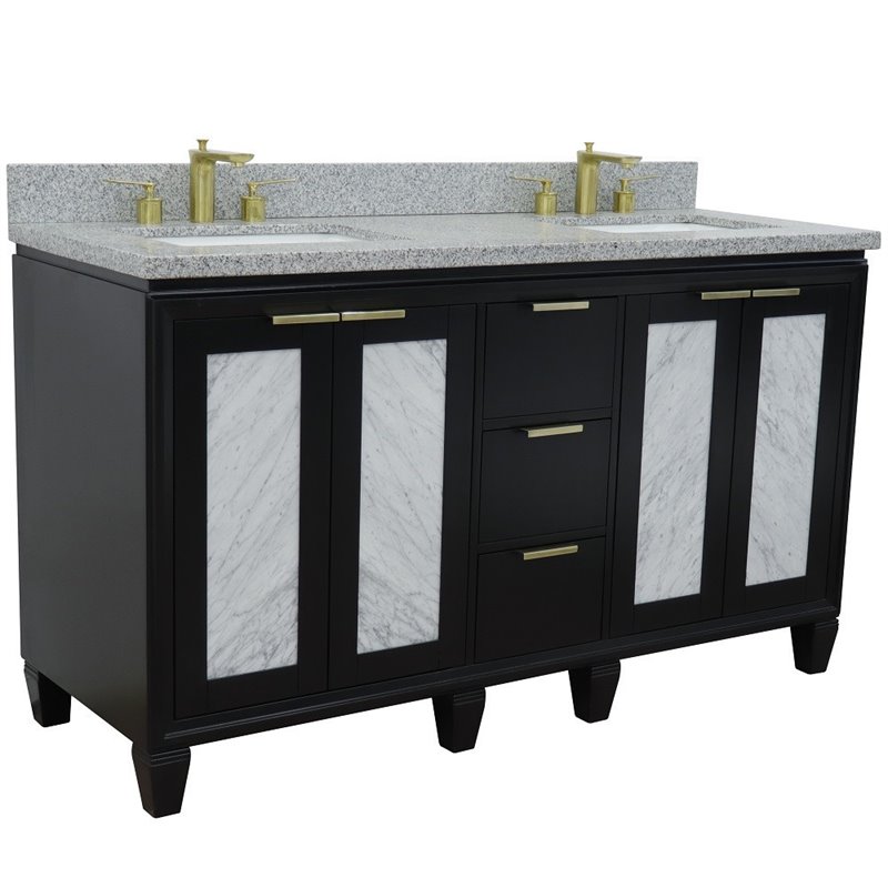 Pemberly Row Double Rectangle Sink Solid Wood Vanity in Blue/Gray Granite Stone