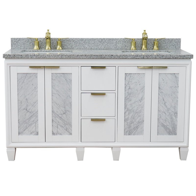 Pemberly Row Double Rectangle Sink Solid Wood Vanity in White/Gray Granite Stone