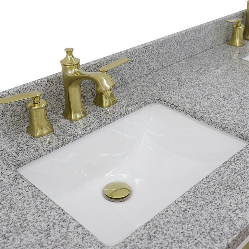 Pemberly Row Double Rectangle Sink Solid Wood Vanity in White/Gray Granite Stone