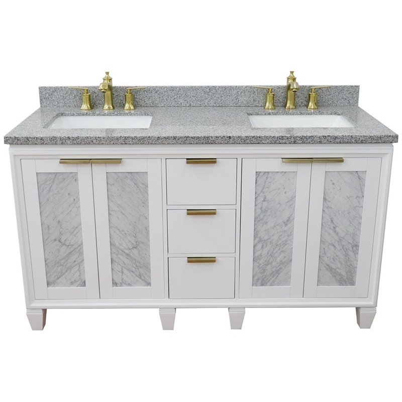 Pemberly Row Double Rectangle Sink Solid Wood Vanity in White/Gray Granite Stone