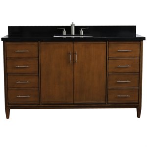 Pemberly Row 61&quot Rectangle Sink Wood Vanity with Black Granite Stone in Walnut