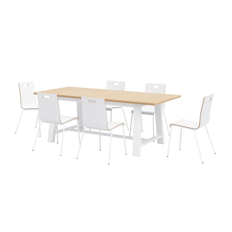 Pemberly Row Contemporary Natural Cafe Table and 6 Chairs Set in White