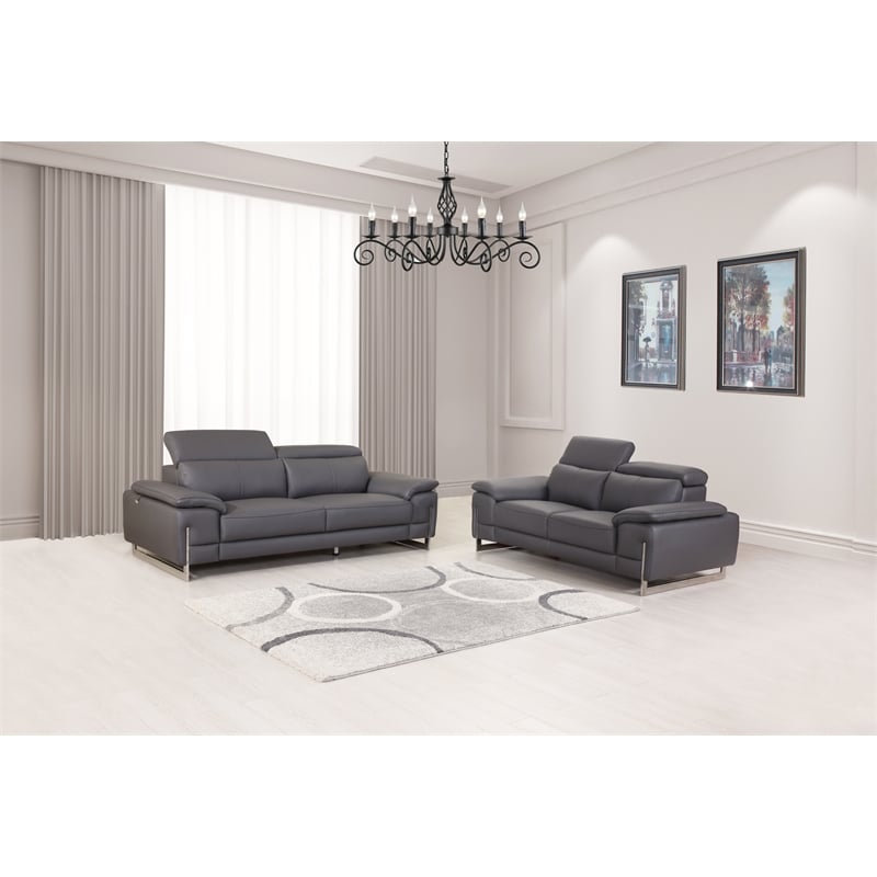 Pemberly Row Genuine Italian Leather Sofa & Loveseat Set in Dark Gray