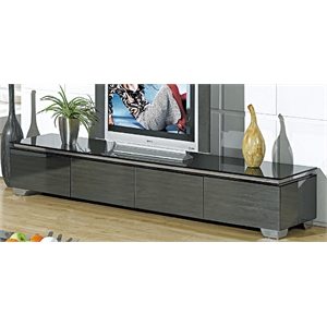 Pemberly Row TV Stand with Black Glass Top & Gray Mirror Drawers & Chrome Legs