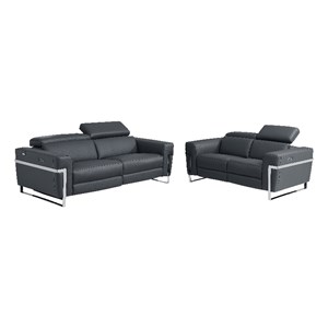 Pemberly Row Italian Leather Sofa and Loveseat Power Recliner in DK Gray