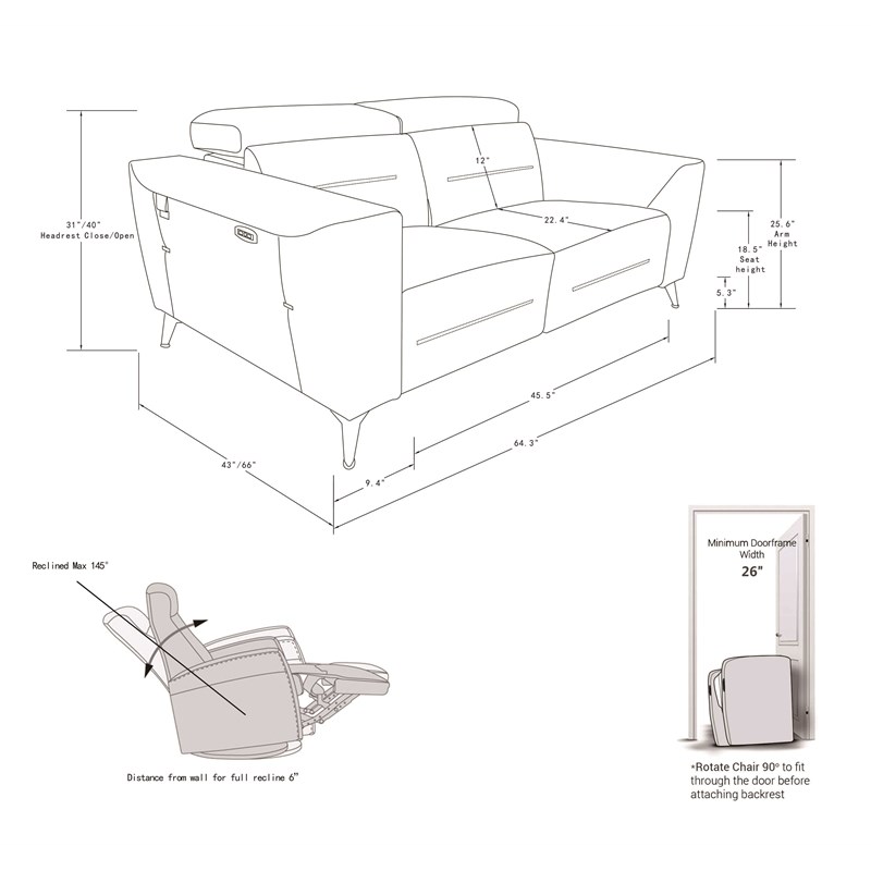 Pemberly Row Italian Leather Loveseat with Power Recliner in White
