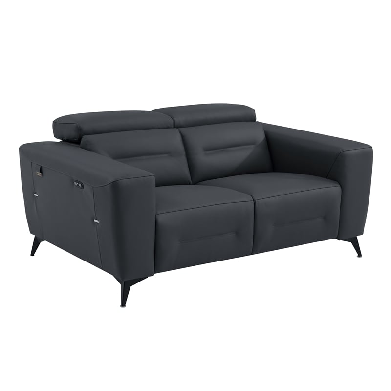 Pemberly Row Italian Leather Sofa Set with Power Recliner in Dark Gray