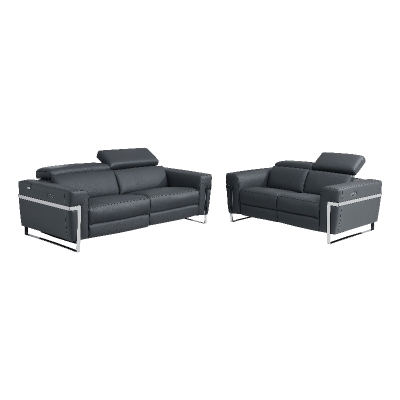 Pemberly Row Italian Sofa and Loveseat with Power Recliner in Dark Gray