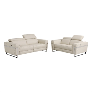 Pemberly Row Italian Sofa and Loveseat with Power Recliner in Beige